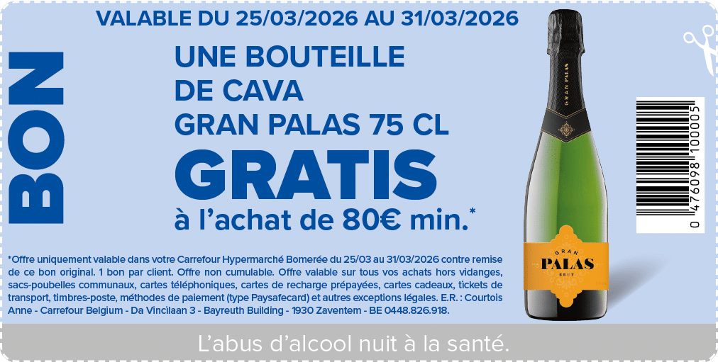 Une bouteille de CAVa GRAN PALAS 75 cl GRATIS  l’achat de 80€ min.*,*Offre uniquement valable dans votre Carrefour H...